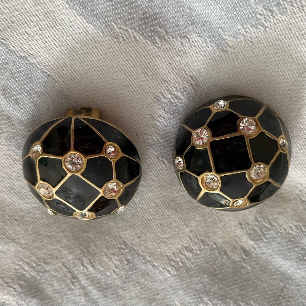 Vendome Vintage Clip on black enamel and crystal earrings VGUC - Picture 5 of 5